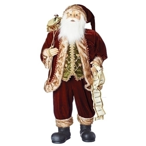 36"H FABRIC SANTA W/LIST GREEN VEST, BURGUNDY SUIT
