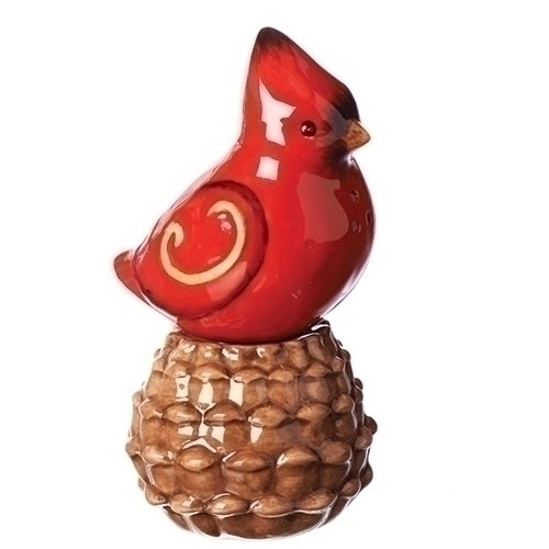 2PC ST 5" CARDINAL ON PINECONE SALT & PEPPER SHAKER MAGNETIC