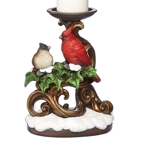 9" CHRISTMAS HOLLY W/CARDINAL VOTIVE CANDLE HLDR GOLD SCROLL