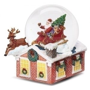 6.5"H MUSICAL SANTA IN SLEIGH GLITTERDOME WIND UP 120MM