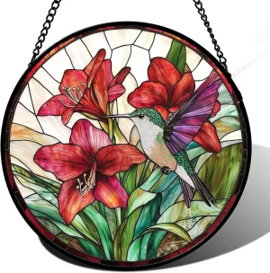 Hummingbird with Lilies Glass Suncatcher