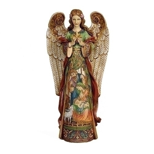 15.75" ANGEL HOLDING STAR W/HOLY FAMILY IN SKIRT FIG