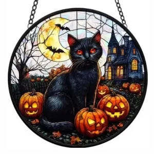 Black Cat with Pumpkins Suncatcher