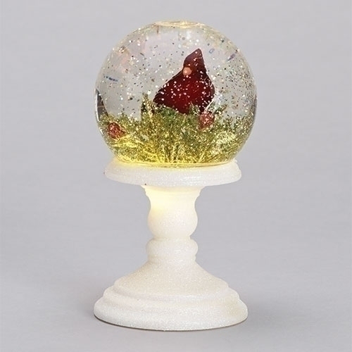 7.75"LED GLITTERDOME W/CARDINL ON PEDESTAL