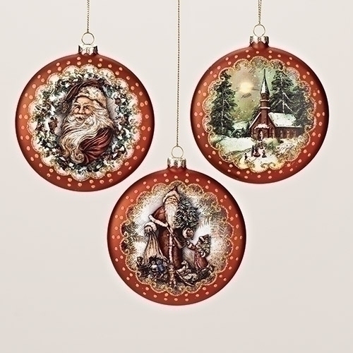 4" GLASS DISK W/SCENE 3A ORN SANTA & KIDS, SANTA, CHURCH (sold individually)