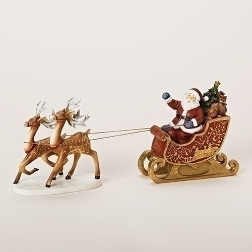 12"GOLD LEAF SANTA SLEIGH FIG W/DEER PAPERCUT GOLD COLORWAY