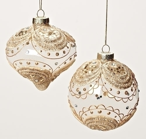 4"GOLD LACE/GLASS ORN 2A 100MM BALL/ONION SHAPE ORNAMENTS (sold separately)