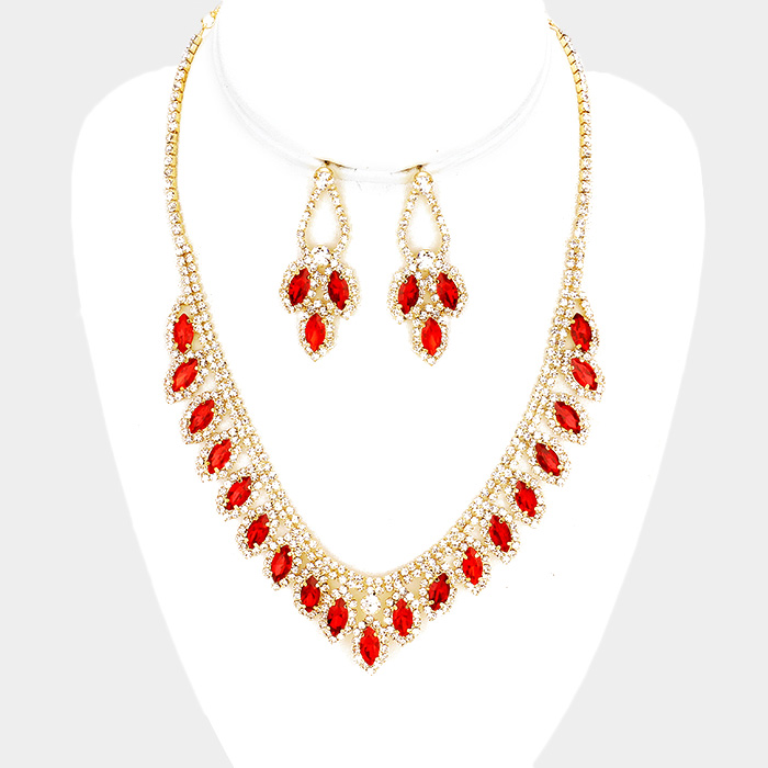 Rhinestone Trim Oval Stone Fringe Marquise Necklace