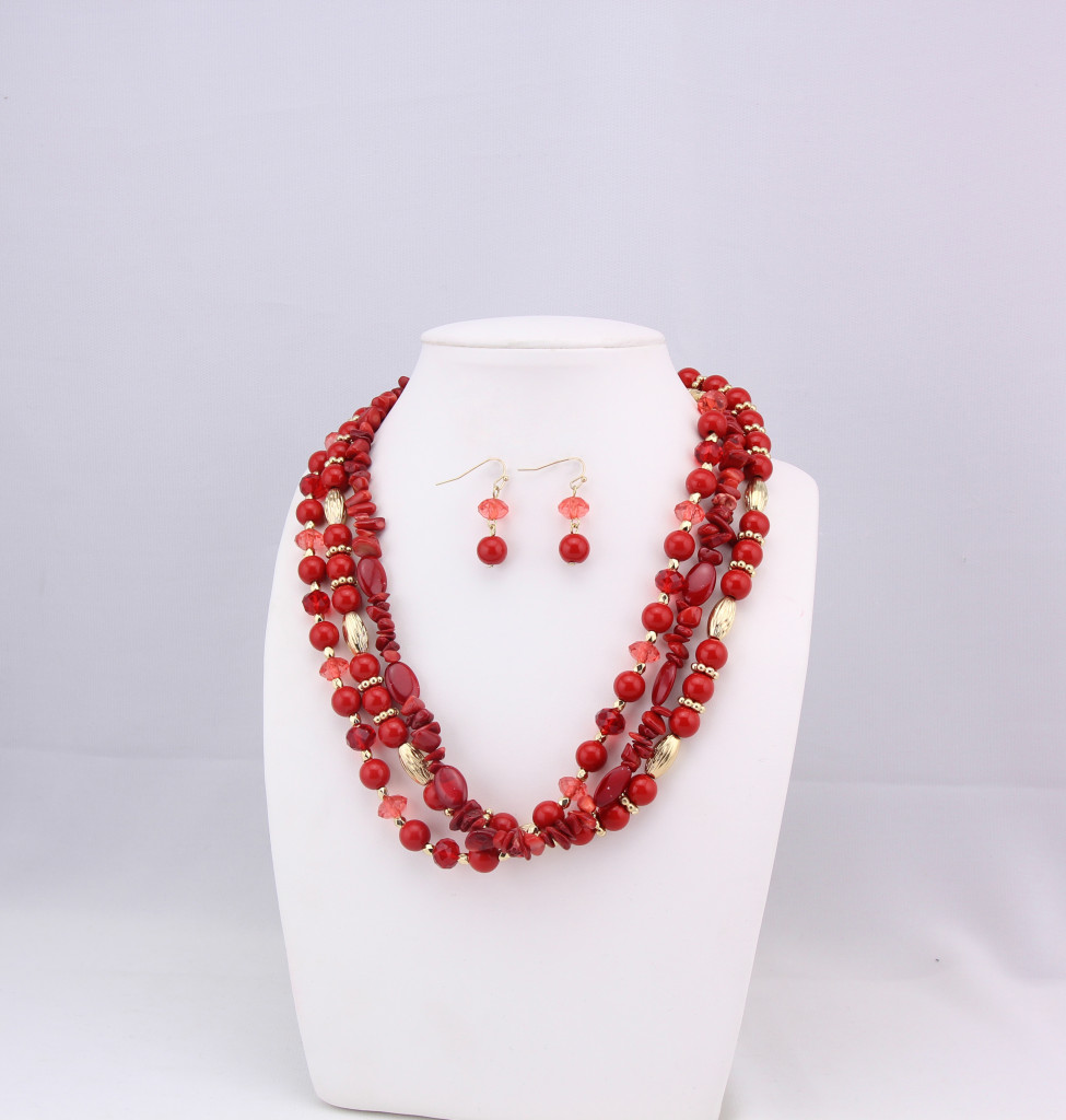 Red/Gold Beads Necklace with Earrings