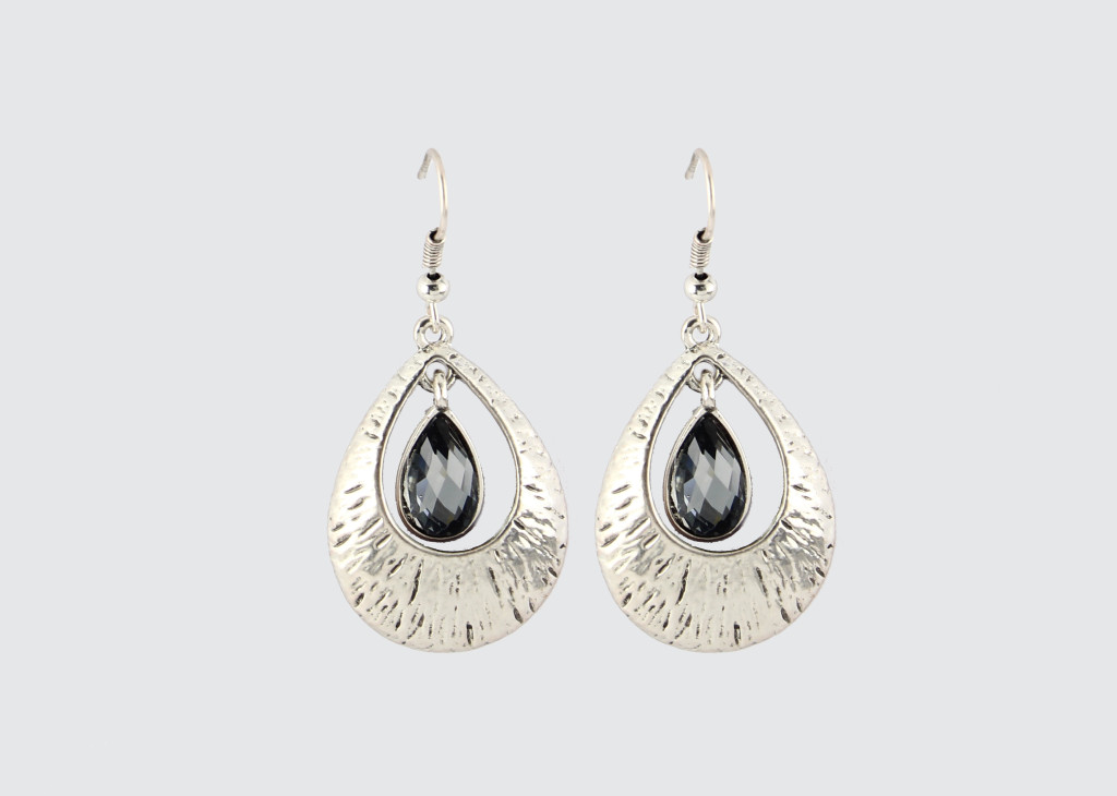 Silver Earrings with Black Teardrop