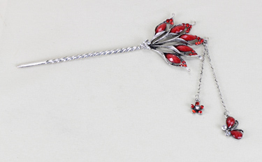 Silver Hair Pin with Red Beads