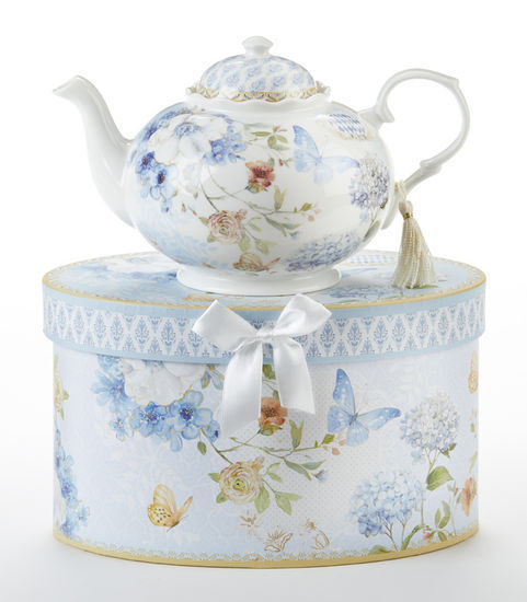 9.5 x 5.6" Porcelain Tea Pot, Blue Butterfly