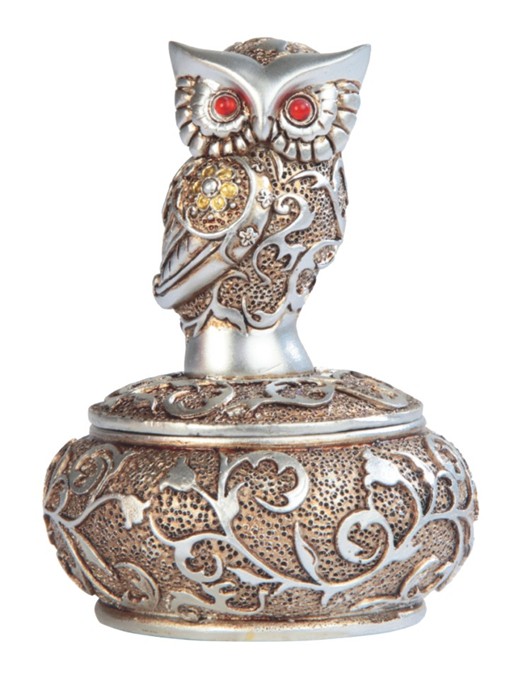 Owl, Silver and Gold Round Trinket Box