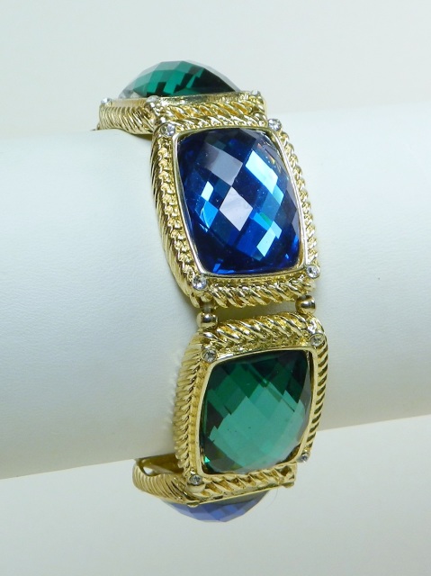 Gold Stretch Bracelet with Blue and Green Crystals